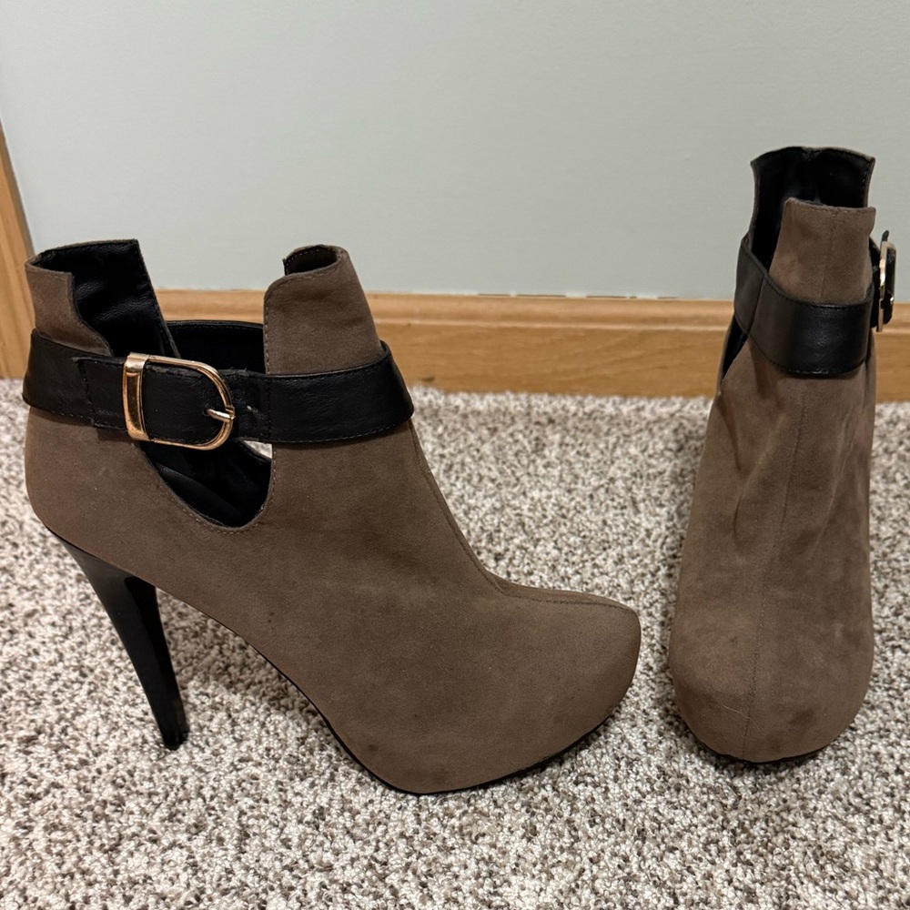 Brand New in Box Taupe Suede High-Heel Ankle Boots with Buckle Strap